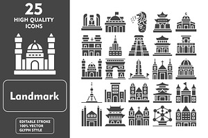 25 Landmark Glyph Icons, an Icon by Pexelpy