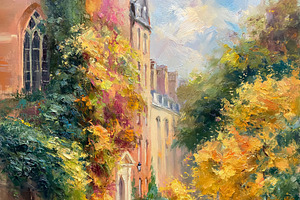 Oil painting presenting an autumn street scene with colorful fal, an Illustration by Studio ANNA