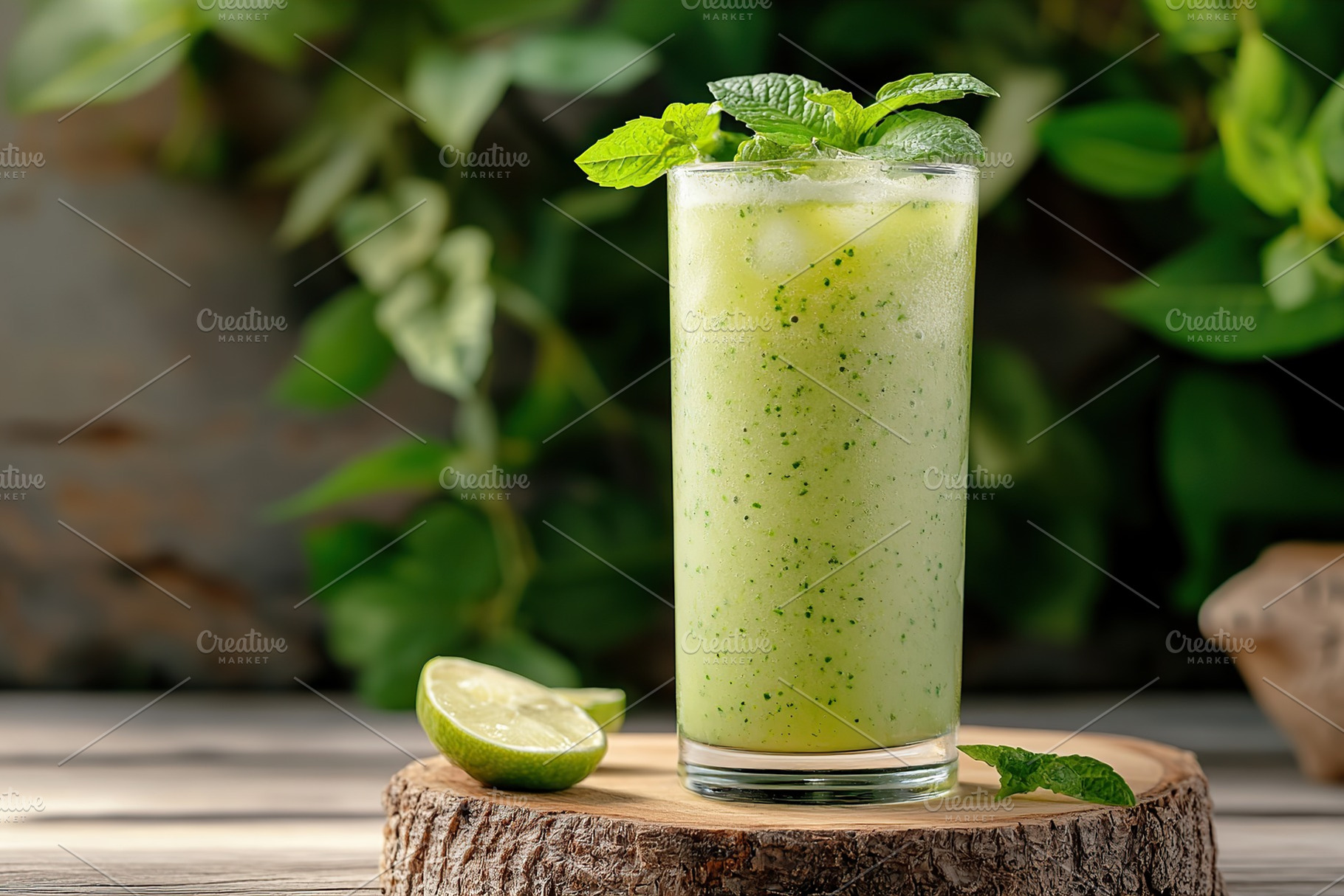 Refreshing detox green smoothie served with fresh mint and lime on a rustic woo, a Food & Drink Photo by AlyaAnd