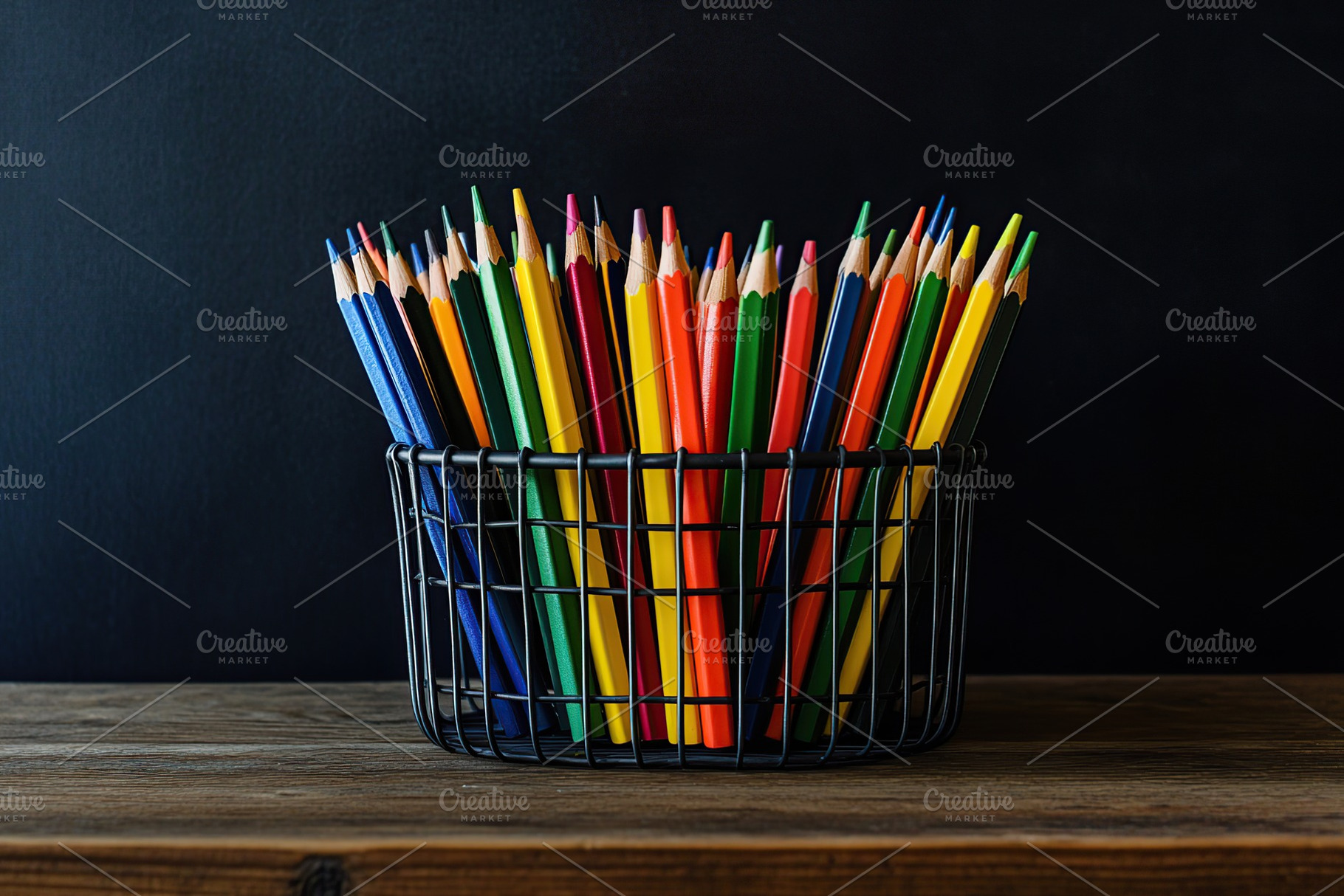 Wooden colorful rainbow pencils in basket on wooden table, a School & Education Photo by AlyaAnd