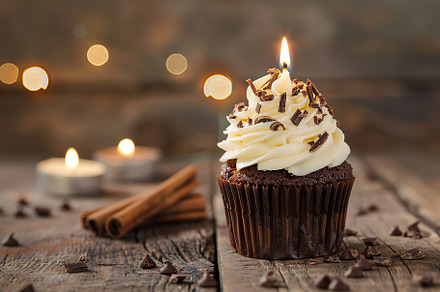 Chocolate cupcake with whipped cream and candle on wooden table, a Food & Drink Photo by AlyaAnd