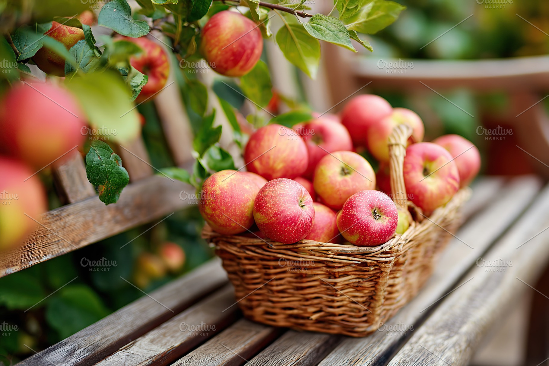 Picking red apples in a wicker basket resting on a rustic wooden bench, a Food & Drink Photo by AlyaAnd