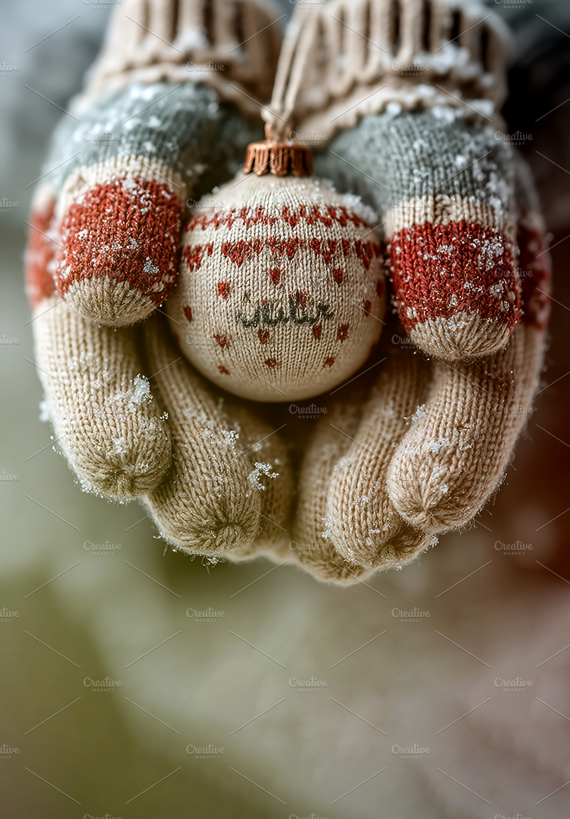 Closeup of gloved hands holding knitted Christmas ornament with, a Holiday Photo by José Manuel Gelpi
