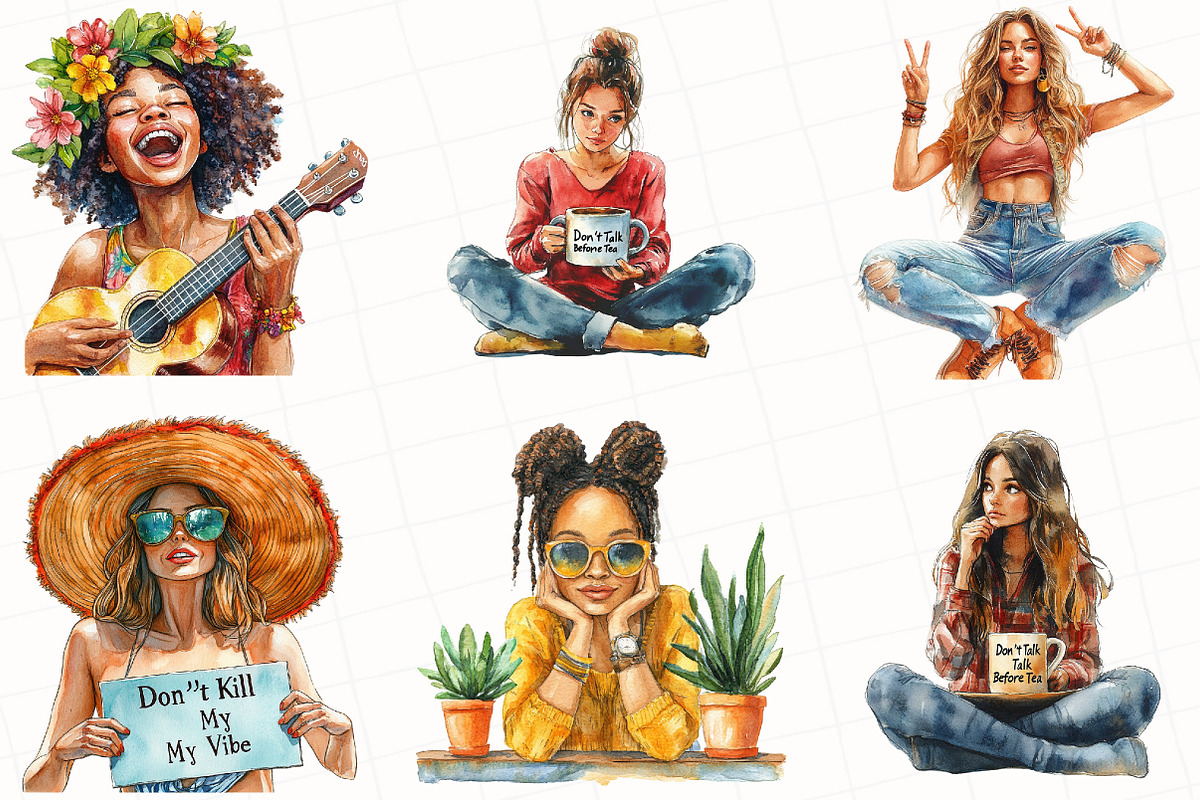 Watercolor Hippie Ladies Clipart, an Illustration by OK Design (Photo 5 of 5)