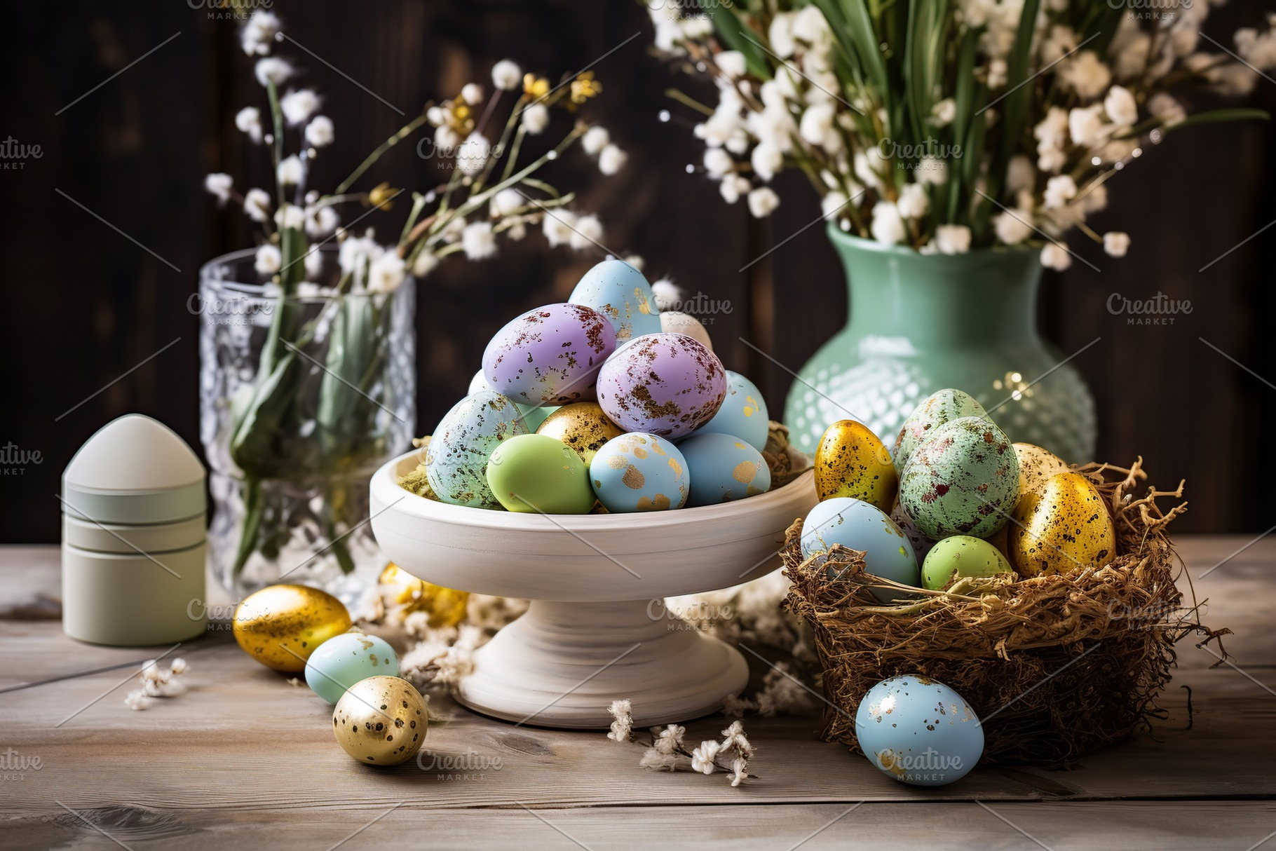 Colorful easter eggs with flowers on wooden background, a Holiday Photo by AlyaAnd