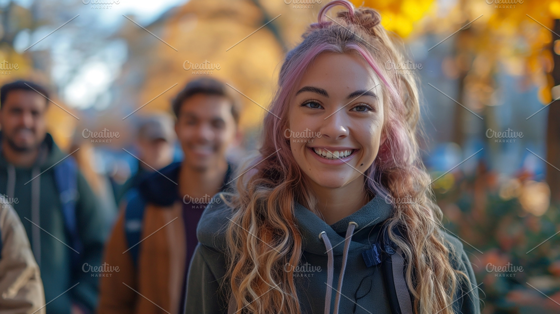 Smiling young woman with pink hair, surrounded by friends outdoors in autumn., a Person Photo by ImageMir