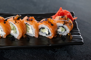 Seafood cuisine philadelphia set ginger sushi roll, a Food & Drink Photo by Photo Drive Studio