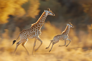 Giraffe and Calf Running Golden Sava, an Animal Photo by Pixeness Studio
