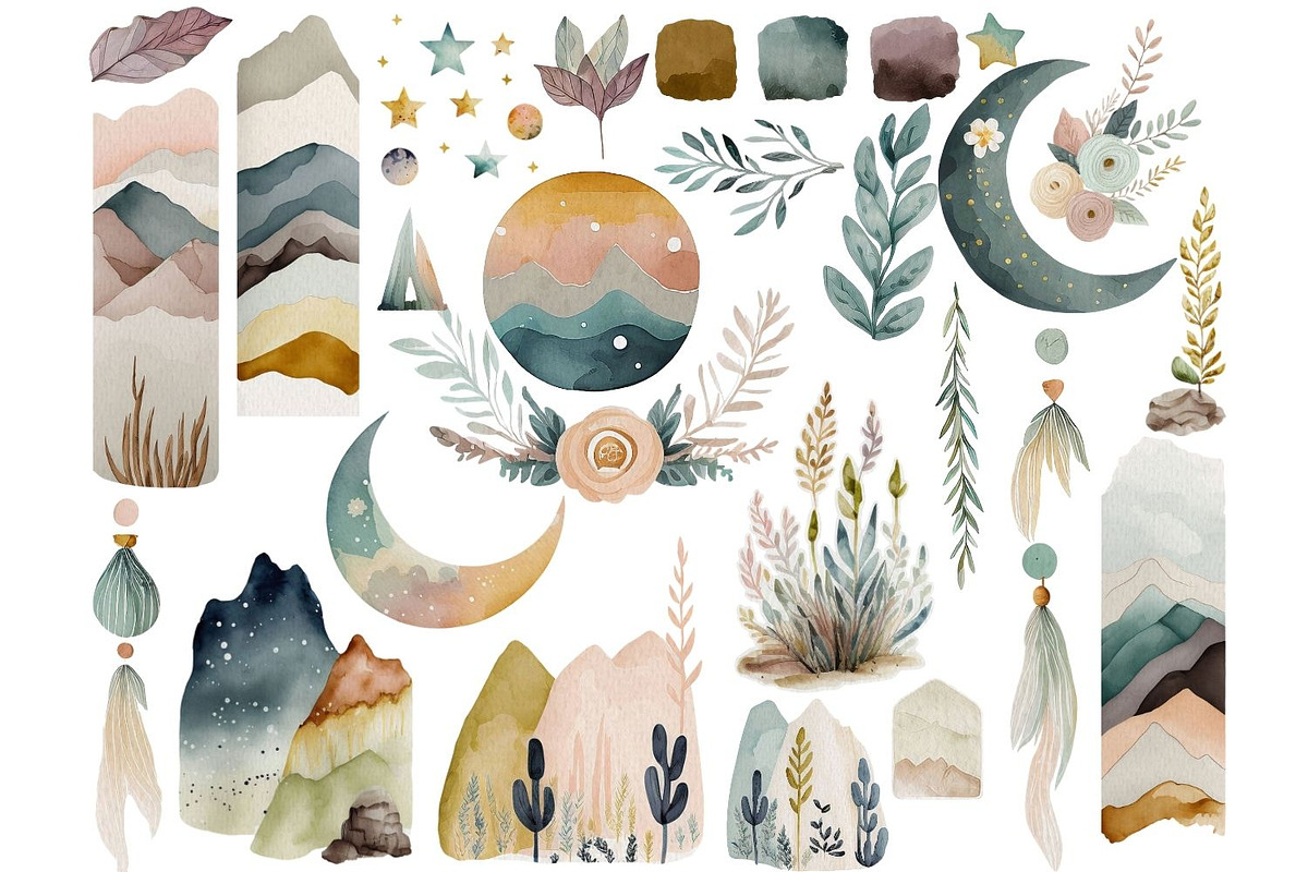 Boho Starry Night Mountain Clipart, a Graphic by JBArt Clipart