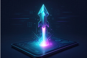 A digital rocket graphic emerging, a Technology Illustration by Sergey Kotenev