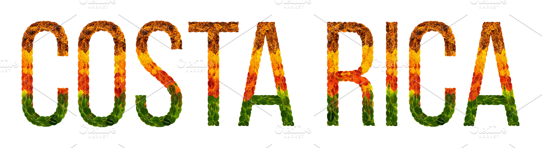Word costa rica country is written with leaves on a white insulated, an Arts & Entertainment Photo by byswat