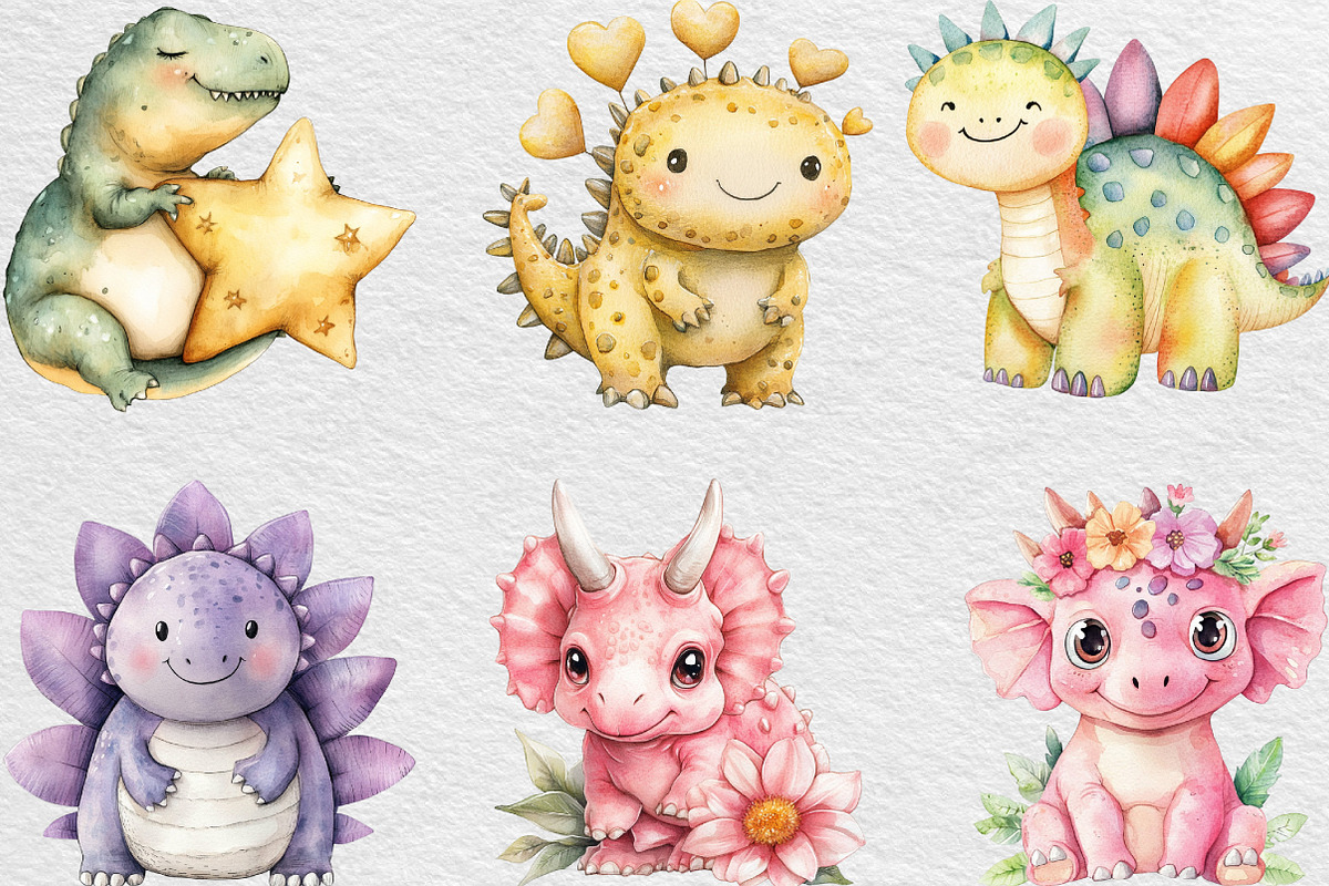 Cute Dinosaur Clipart, an Illustration by Black Bird Studio (Photo 4 of 6)