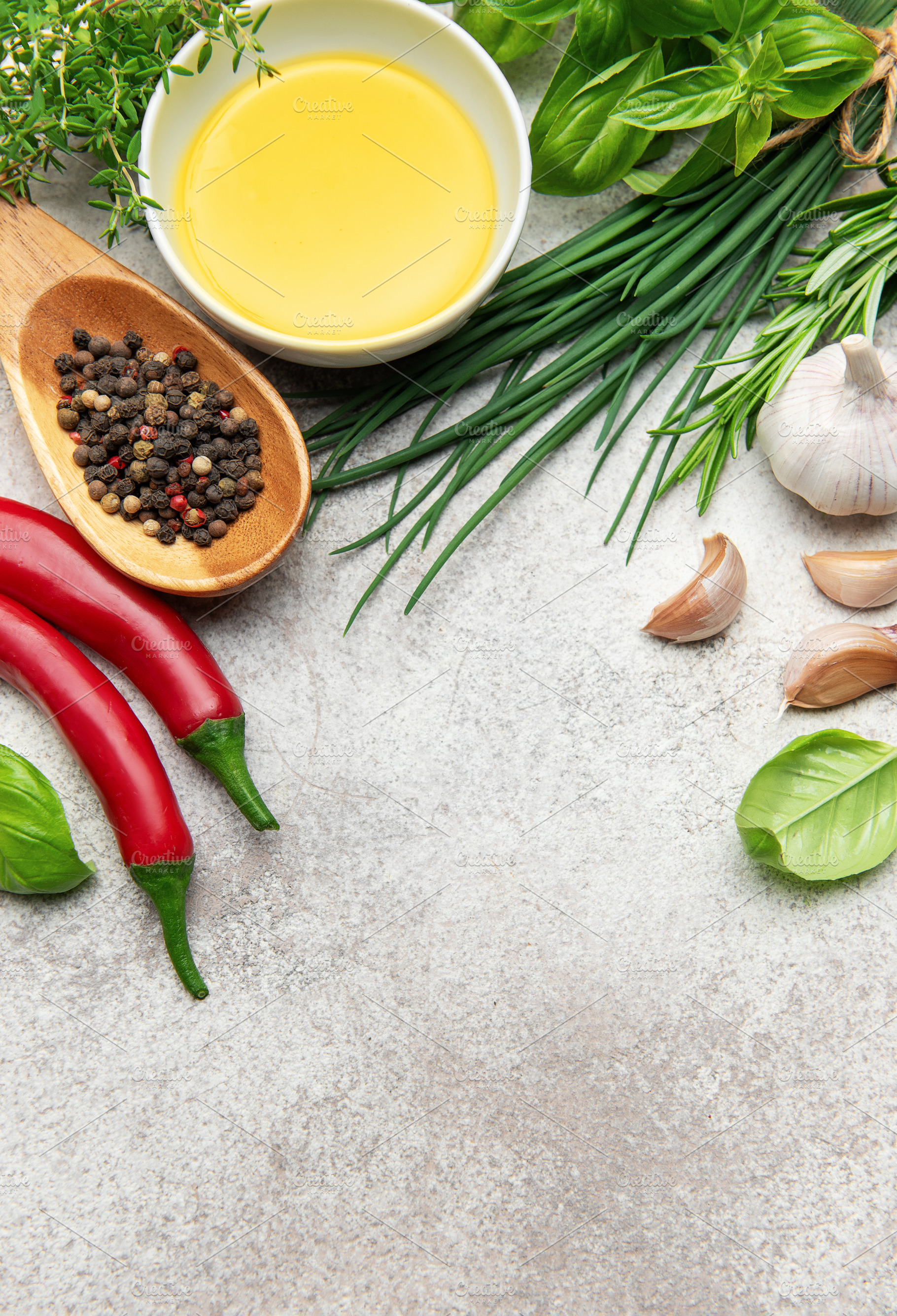 Fresh herbs, spices and olive oil creating culinary inspiration, a Food & Drink Photo by Olena Rudo
