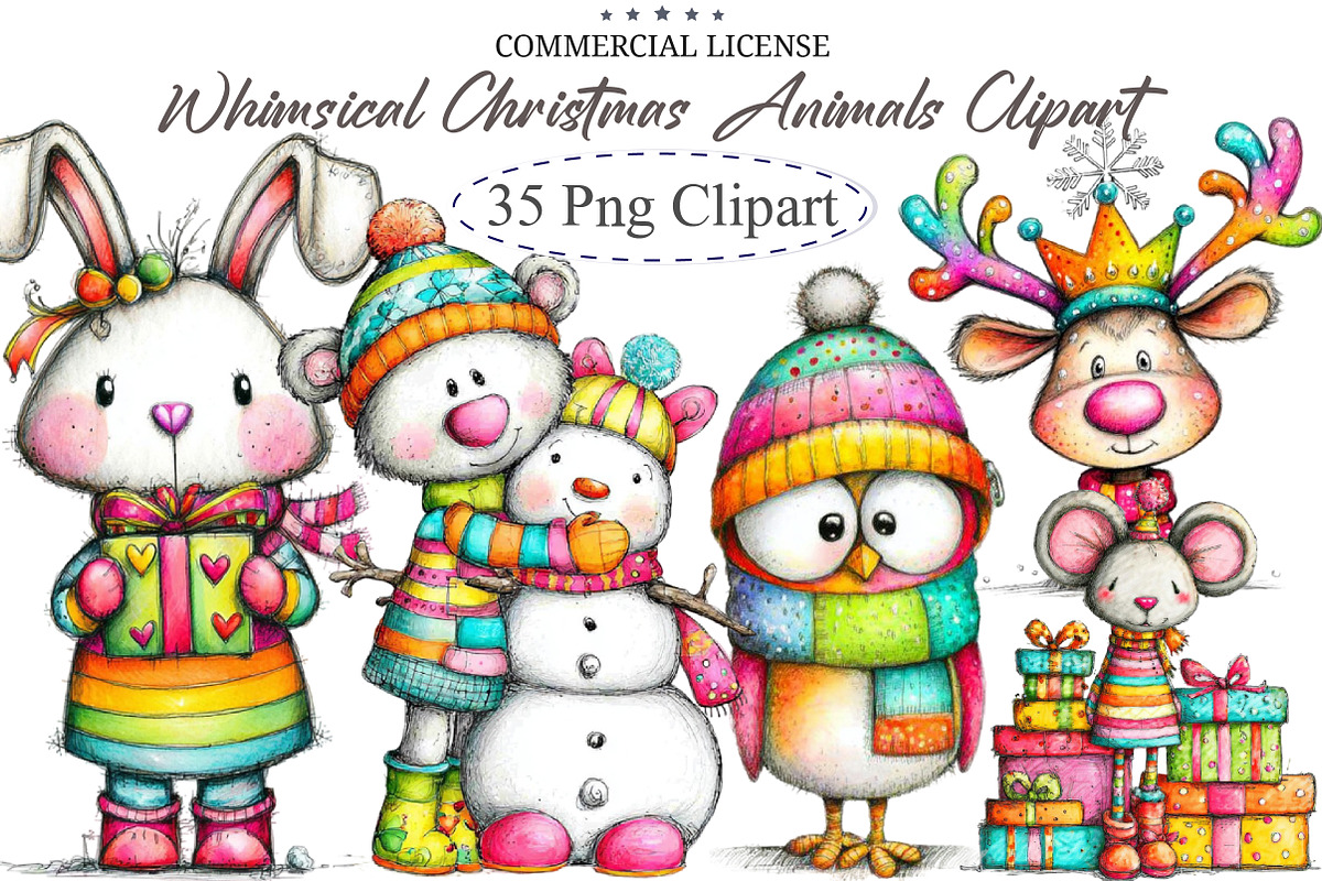 Whimsical Christmas Animals Clipart, an Illustration by designcity5 (Photo 1 of 5)