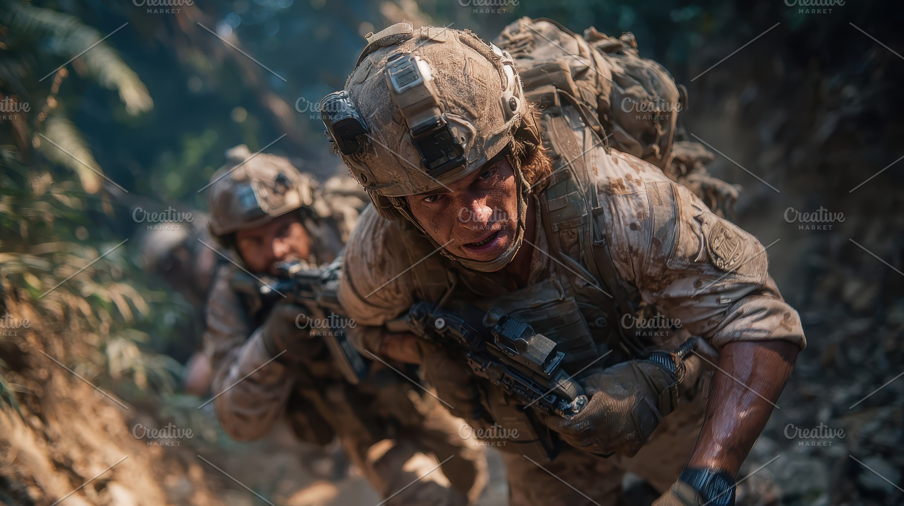 Soldiers in camouflage gear advance, a Photo by Pixeness Studio