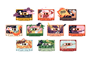 Retro audio cassettes with music set, an Object Illustration by PaperTrident