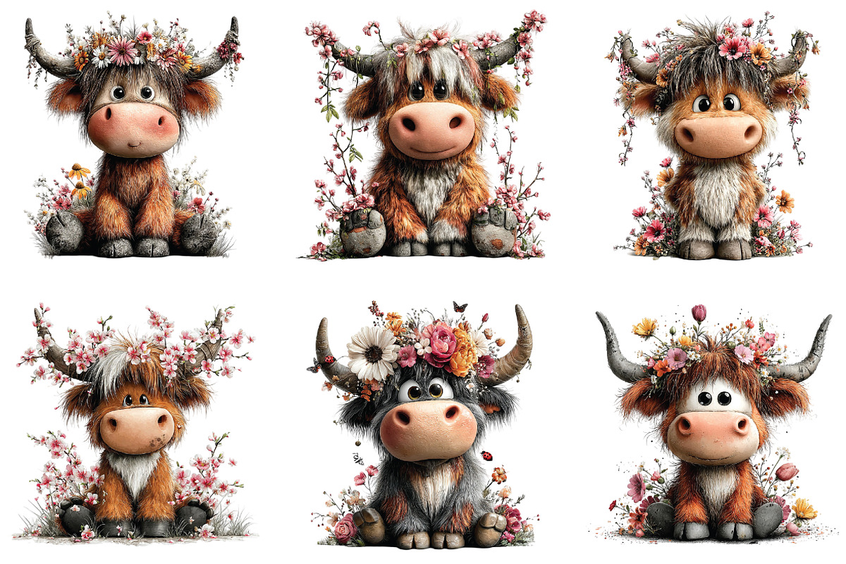 Whimsical Highland Cow Floral Clipar, an Illustration by CraftArtStudio (Photo 2 of 6)