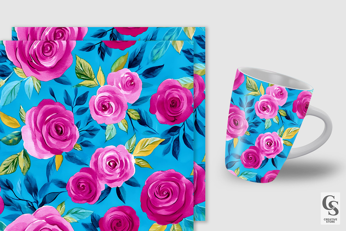 Fuchsia Pink Watercolor Rose Pattern, a Pattern Graphic by Creative Store (Photo 2 of 5)