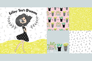 Cute Girl Vector And Flower Pattern