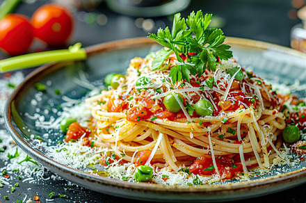 A plate of spaghetti garnished with, a Photo by LOGOCREATIVE