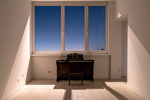 Modern room with grand piano at dusk, an Architecture Photo by DanFLCreativo