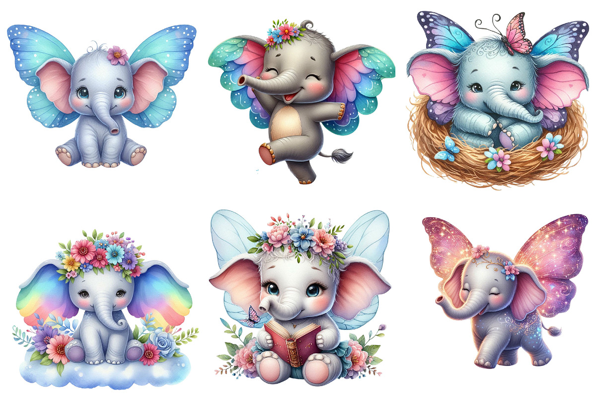 Cute Baby Elephants with Wings Clipa, an Illustration by Pixels.Craft (Photo 6 of 6)