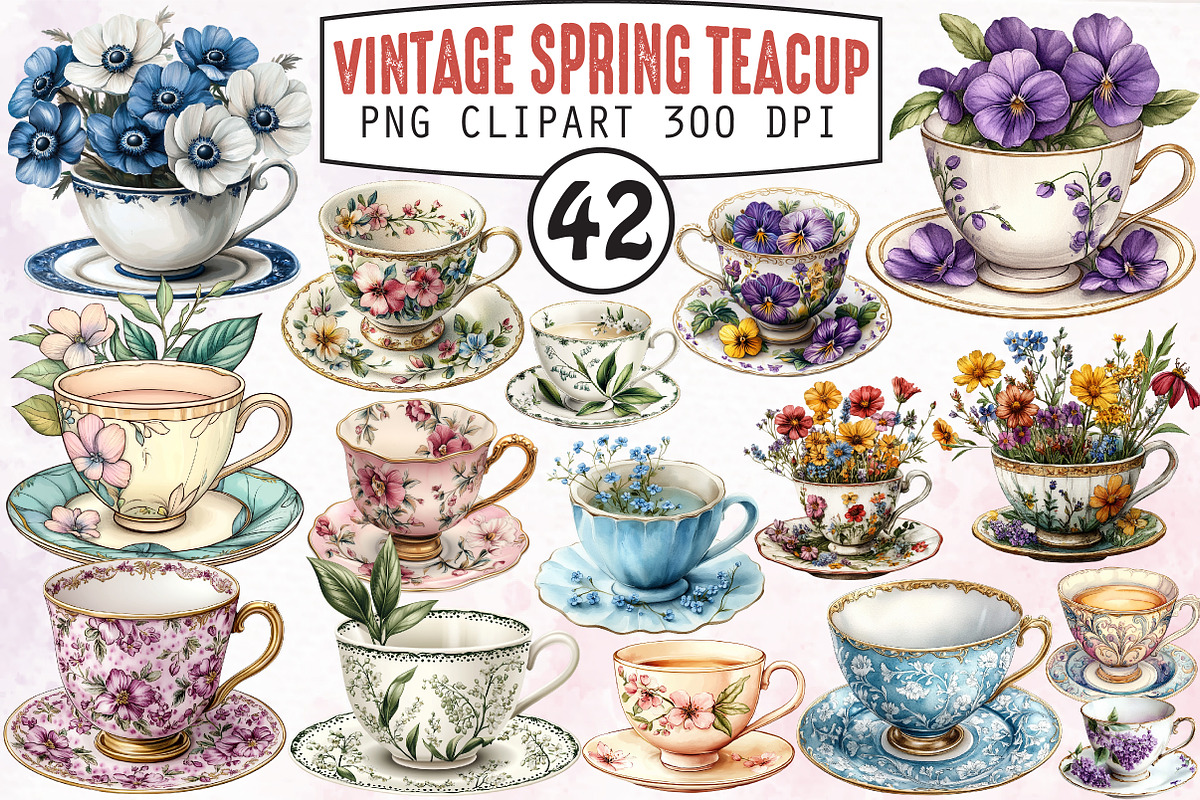Vintage Spring Teacup Clipart Bundle, an Illustration by RobertsArt (Photo 1 of 5)