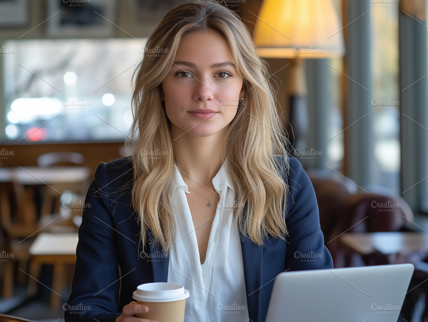 A young Caucasian woman with long blonde hair sits in a café, holding a coffee, a Person Photo by ImageMir