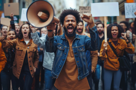 Energetic Multicultural Group Protesting for Change, Featuring Man with Megapho, a Photo by AS photostudio