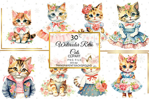 Watercolor Retro Floral Cats Clipart