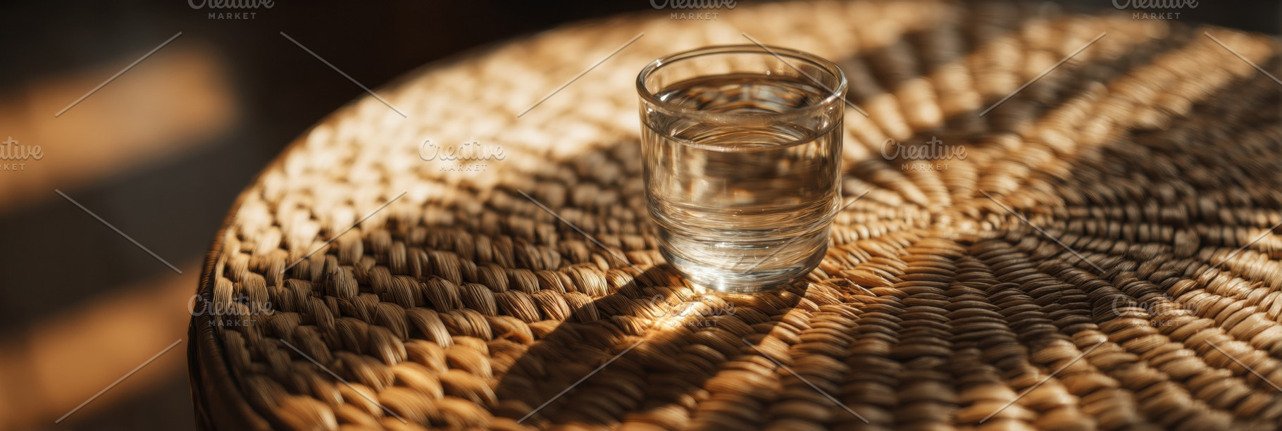 Glass of Water on Rattan Table, a Food & Drink Photo by Virgo Studio