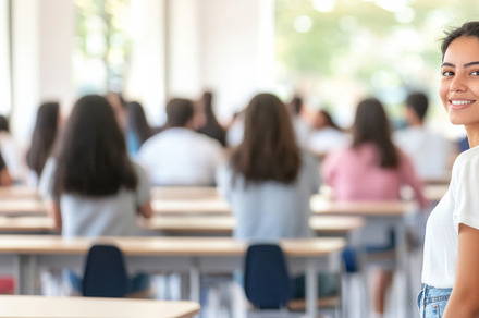 Young latin american woman entering classroom door smiling, educ