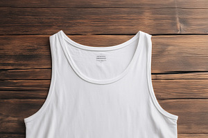 A plain white tank top mockup laid flat on a wooden surface, showcasing its sim
