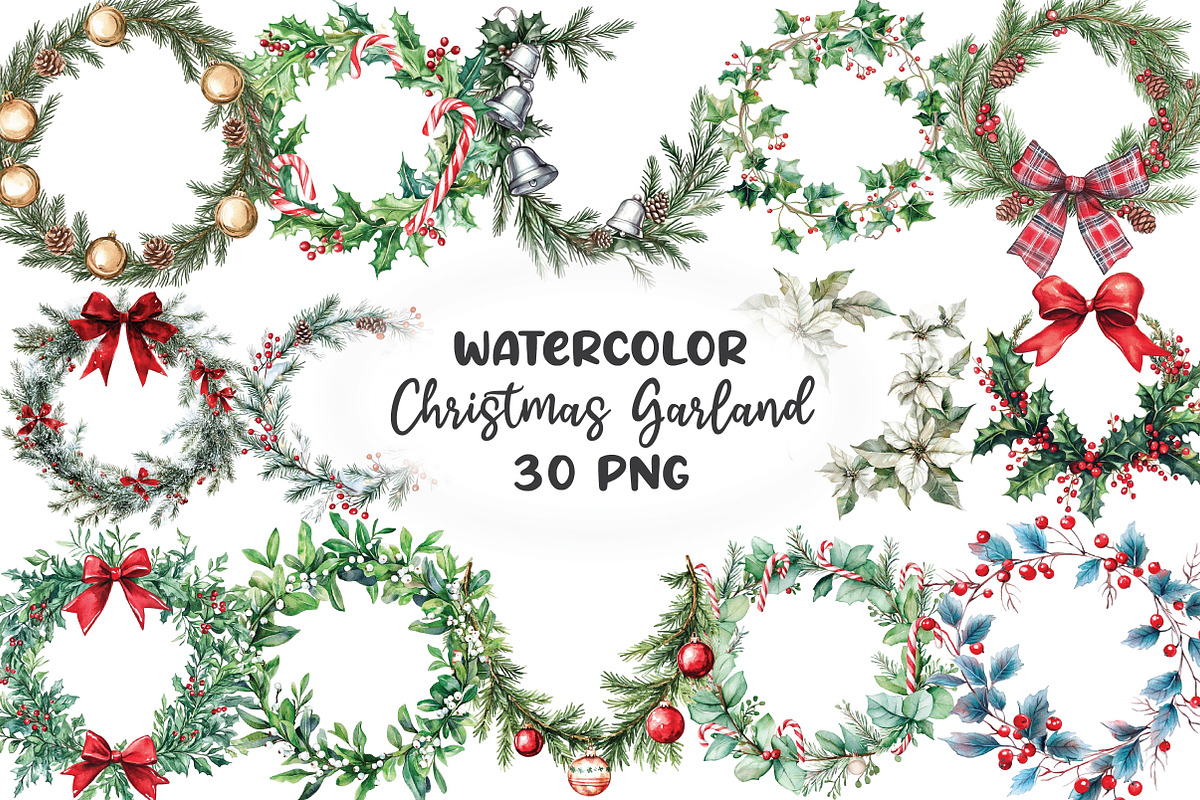 Watercolor Christmas Garland Clipart, an Illustration by CraftArtStudio (Photo 1 of 6)