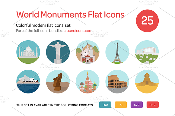 World Monuments Flat Icons Set preview 5