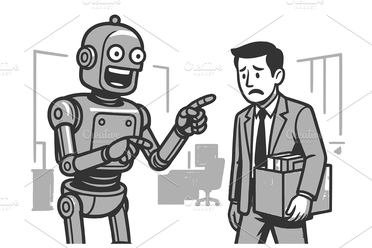 Robot Replacing Sad Office Worker, a Person Illustration by AlexArt