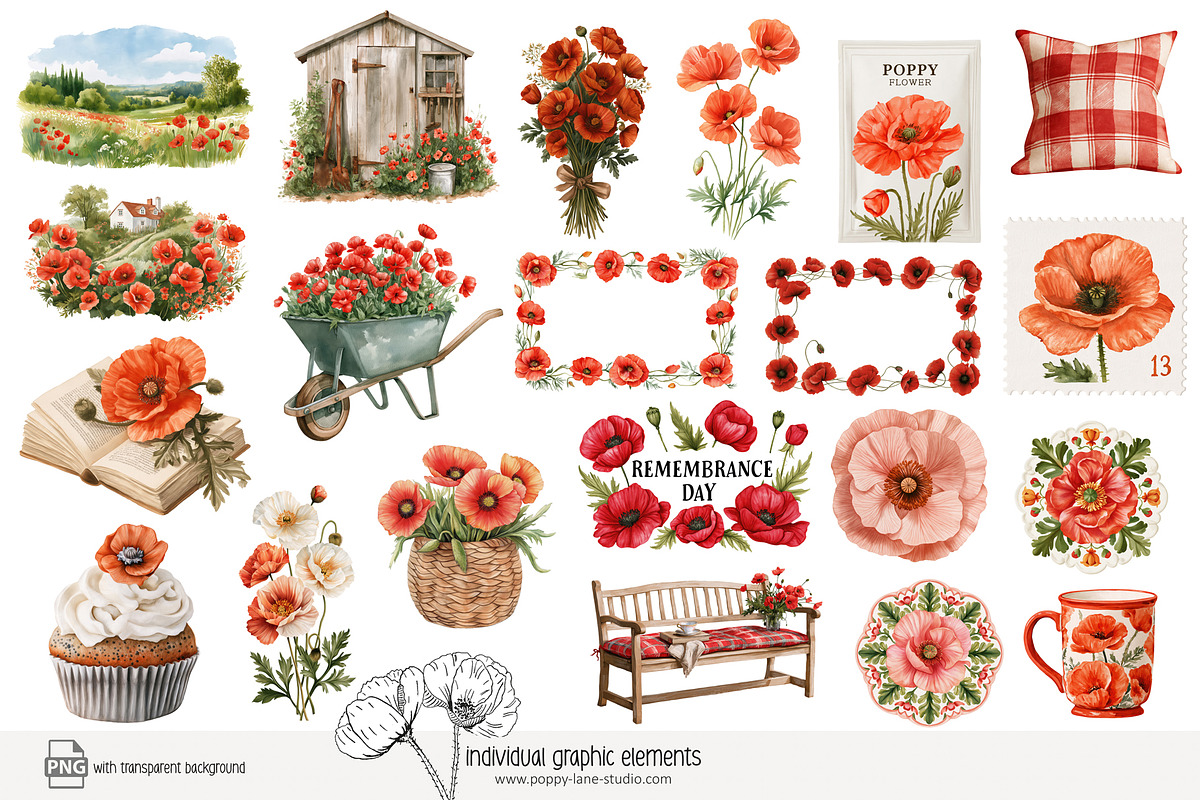 100 watercolour poppy clip art, a Seasonal Illustration by Poppy Lane Studio (Photo 7 of 12)
