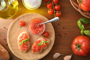 Overhead Tomato Toast with Rustic Ingredients, a Food & Drink Photo by Davizro's Market