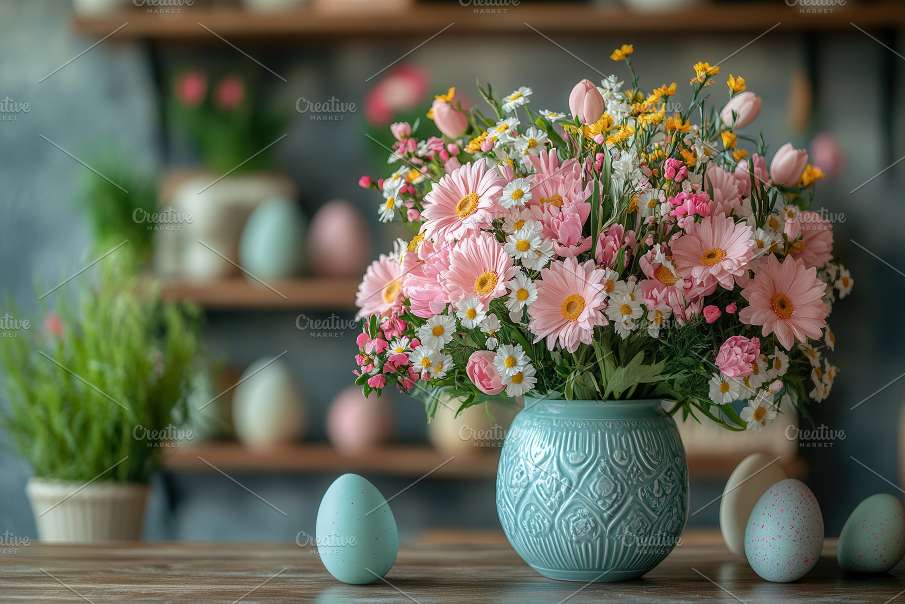 Vibrant bouquet of spring flowers in, a Photo by Tanuart