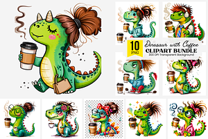 Dinosaur with Coffee PNG Bundle, a Graphic by Clipart Bloom
