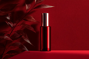 Skincare product glossy red bottle standing on a podium with nat, a Photo by Studio ANNA
