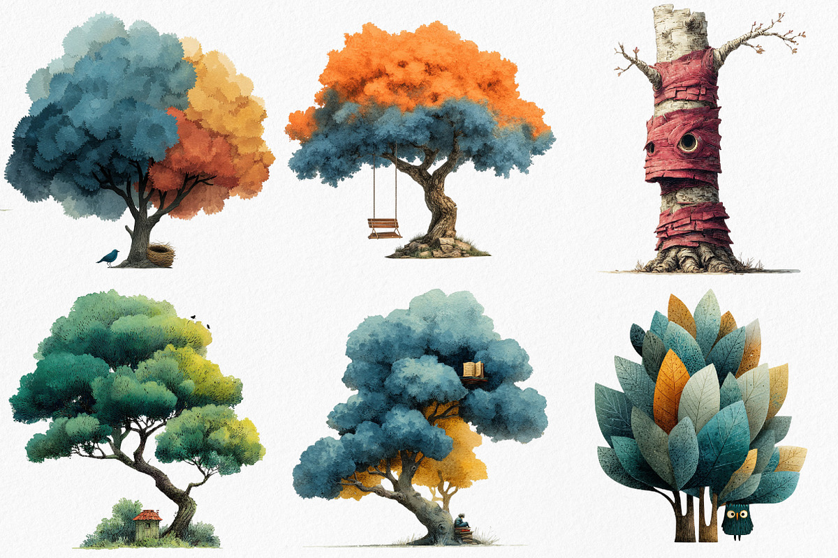 Watercolor Quirky Tree Clipart, an Illustration by Canvas Craft (Photo 2 of 8)