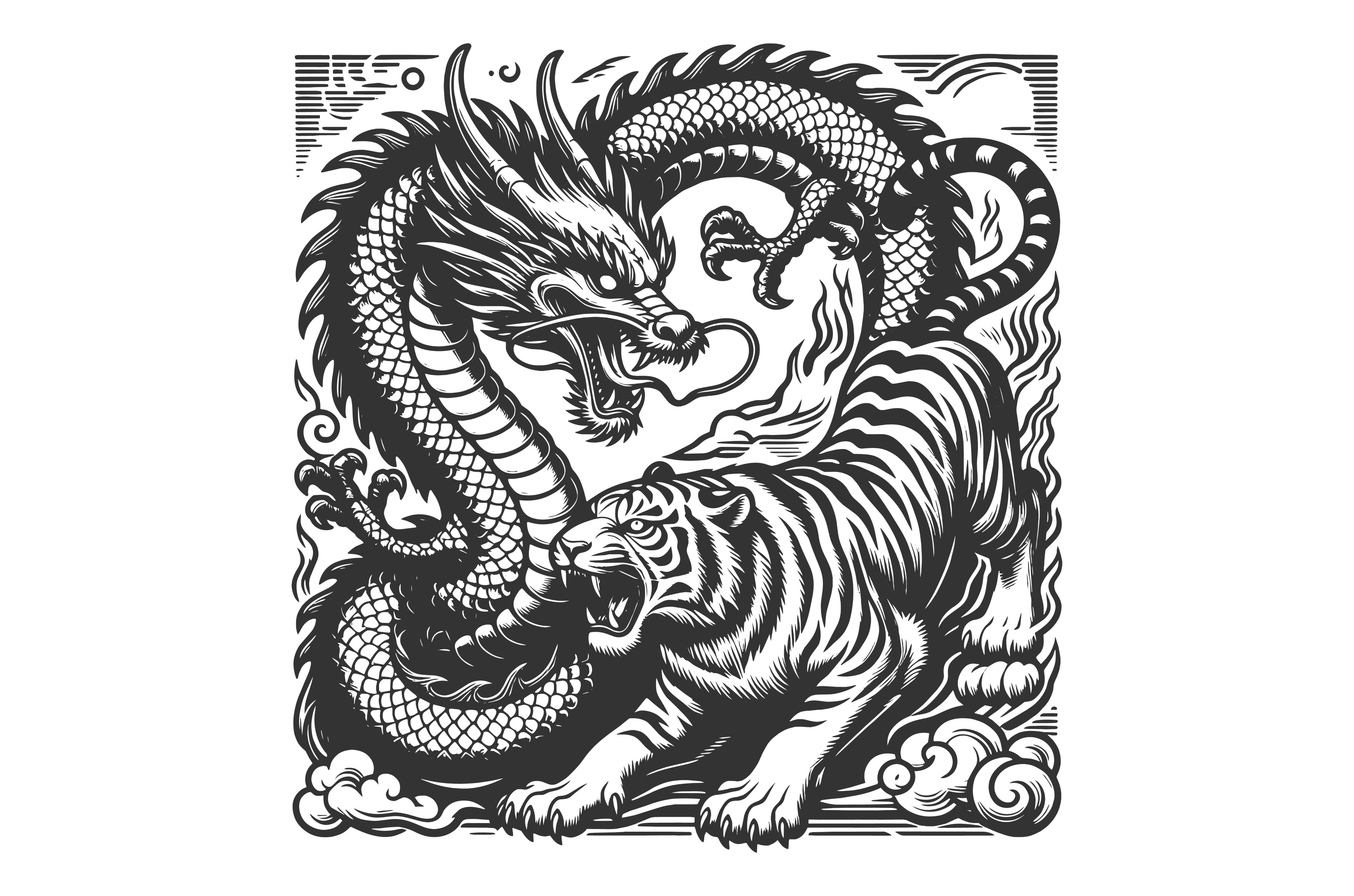 Dragon and Tiger Yin Yang engraving, an Animal Illustration by AlexArt