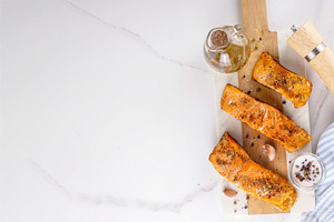 Grilled fish trout or salmon, fried salmon steak pieces, a Food & Drink Photo by Rimma