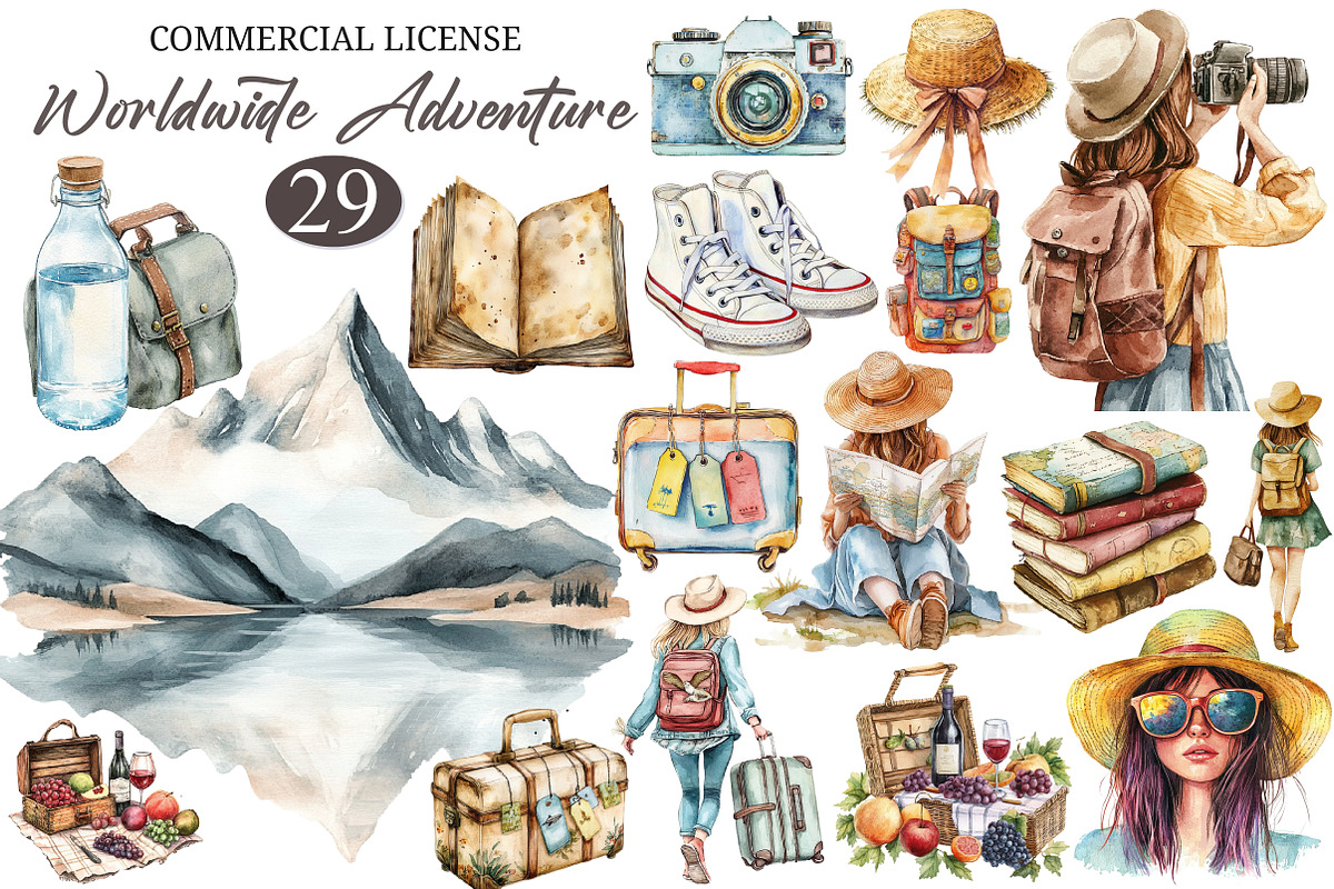 Watercolor Worldwide Adventure Clipa, an Illustration by designcity5 (Photo 1 of 5)