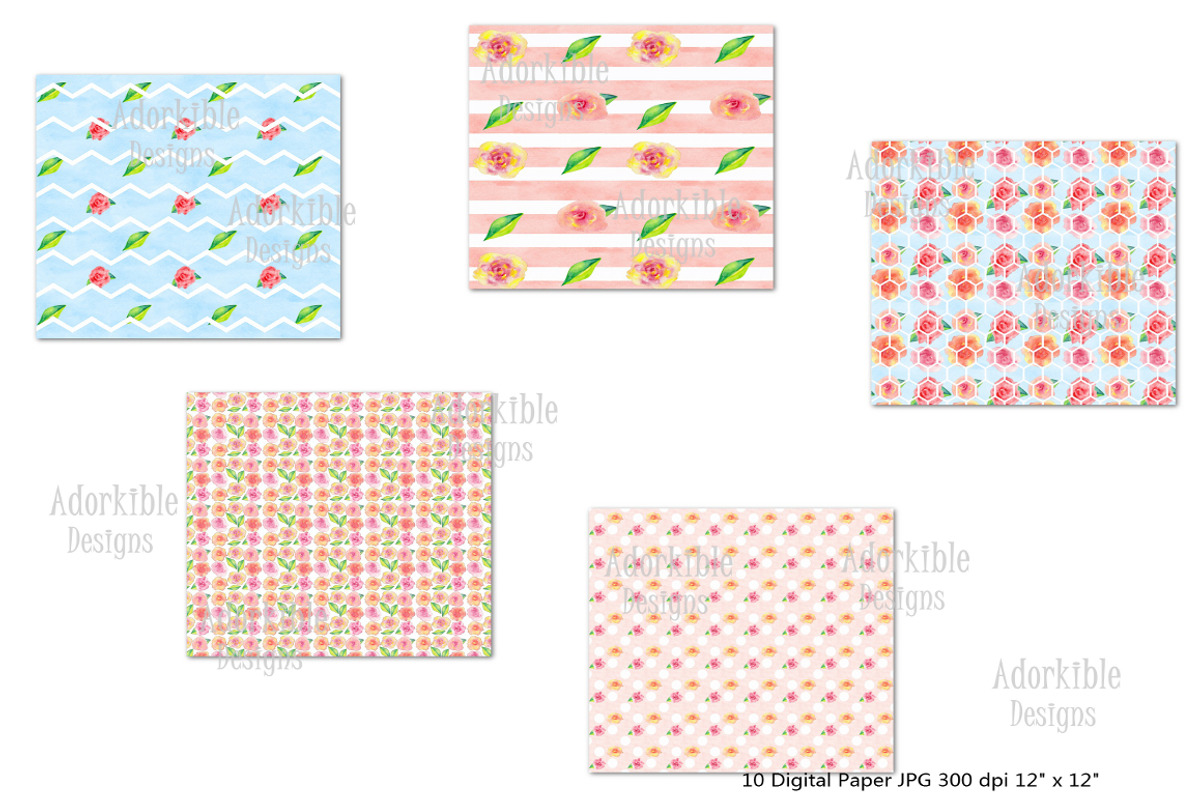Watercolor Floral Digital Papers, a Pattern Graphic by adorkible (Photo 2 of 3)