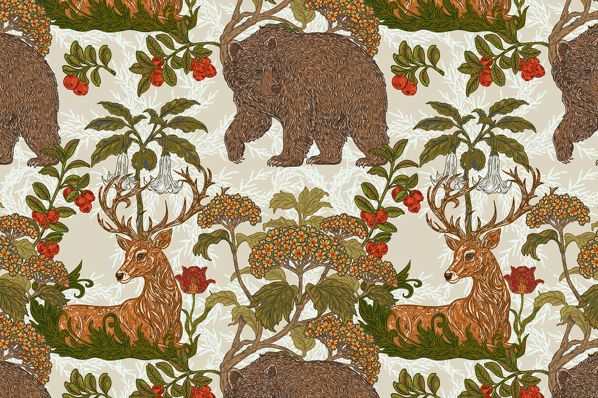 Woodland Bear and Deer Botanical, a Pattern Graphic by NayaChu (Photo 2 of 9)