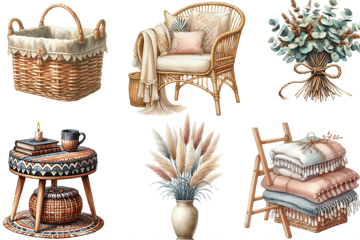 Watercolor Boho Interior Clipart, an Illustration by Designking (Photo 2 of 4)