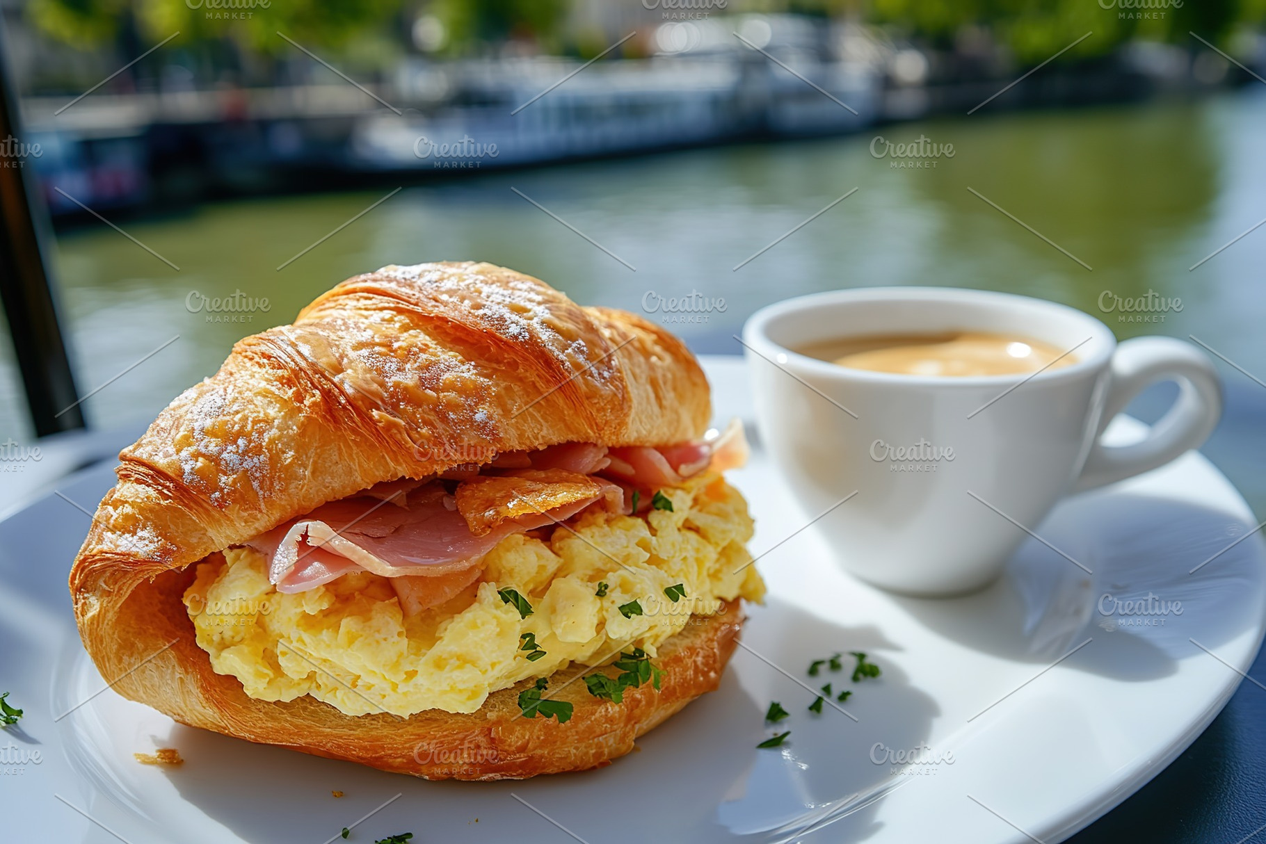 Croissant sandwich with meat, cheese, vegetables and white cup of coffee on woo, a Food & Drink Photo by AlyaAnd