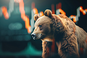 Big bear and computer screen with red stock market. Bear market, a Business Photo by AlyaAnd